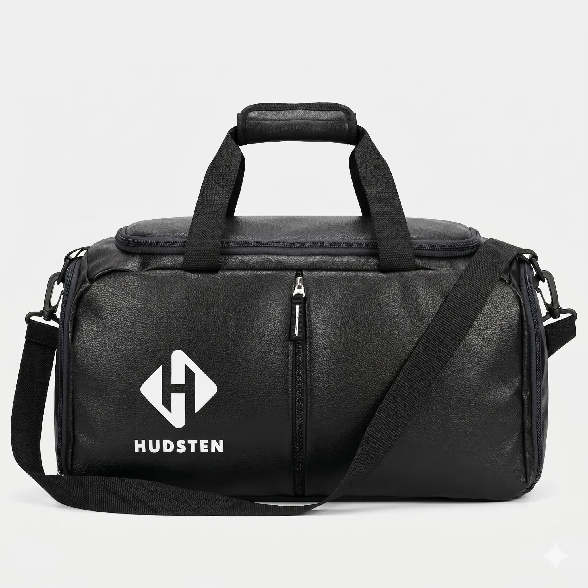 Hudsten vegan leather gym bag in black, front view with shoulder strap