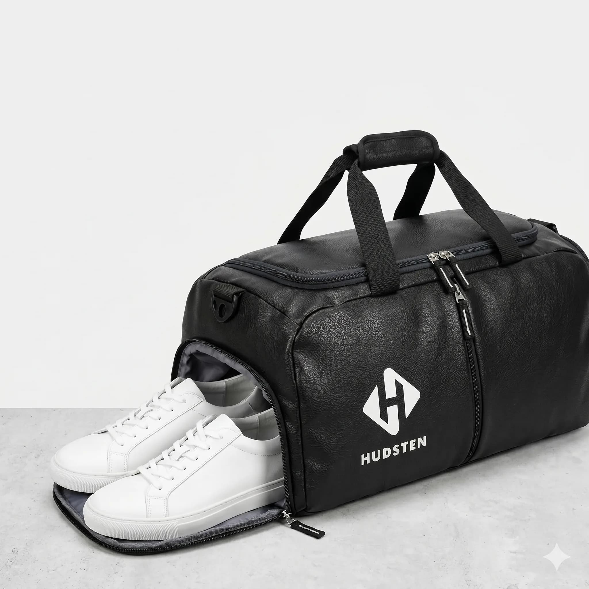 Black gym duffel side view showing the dedicated shoe compartment — Hudsten