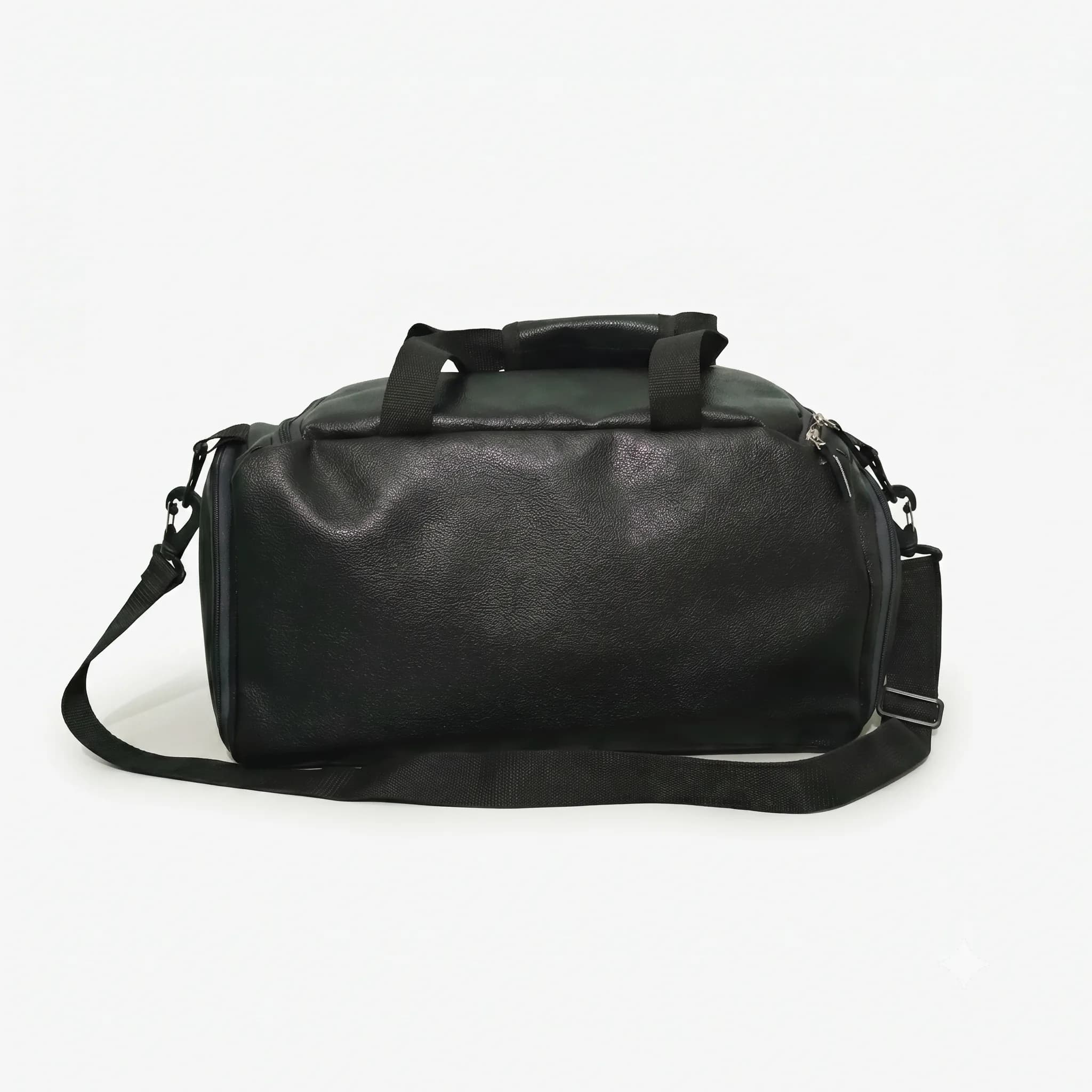 Back view of the black pebble-grain Hudsten gym duffel with shoulder strap